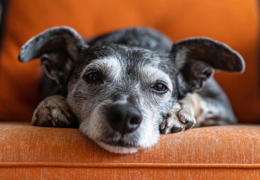 a dog laying on top of an orange couch a dog laying on top of an orange couch