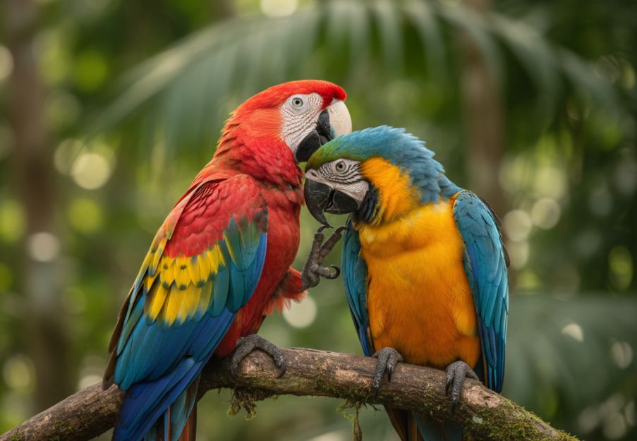 two colorful parrots sitting on a branch two colorful parrots sitting on a branch
